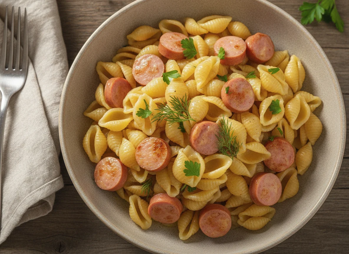 Макароны ракушки с сосиской photo