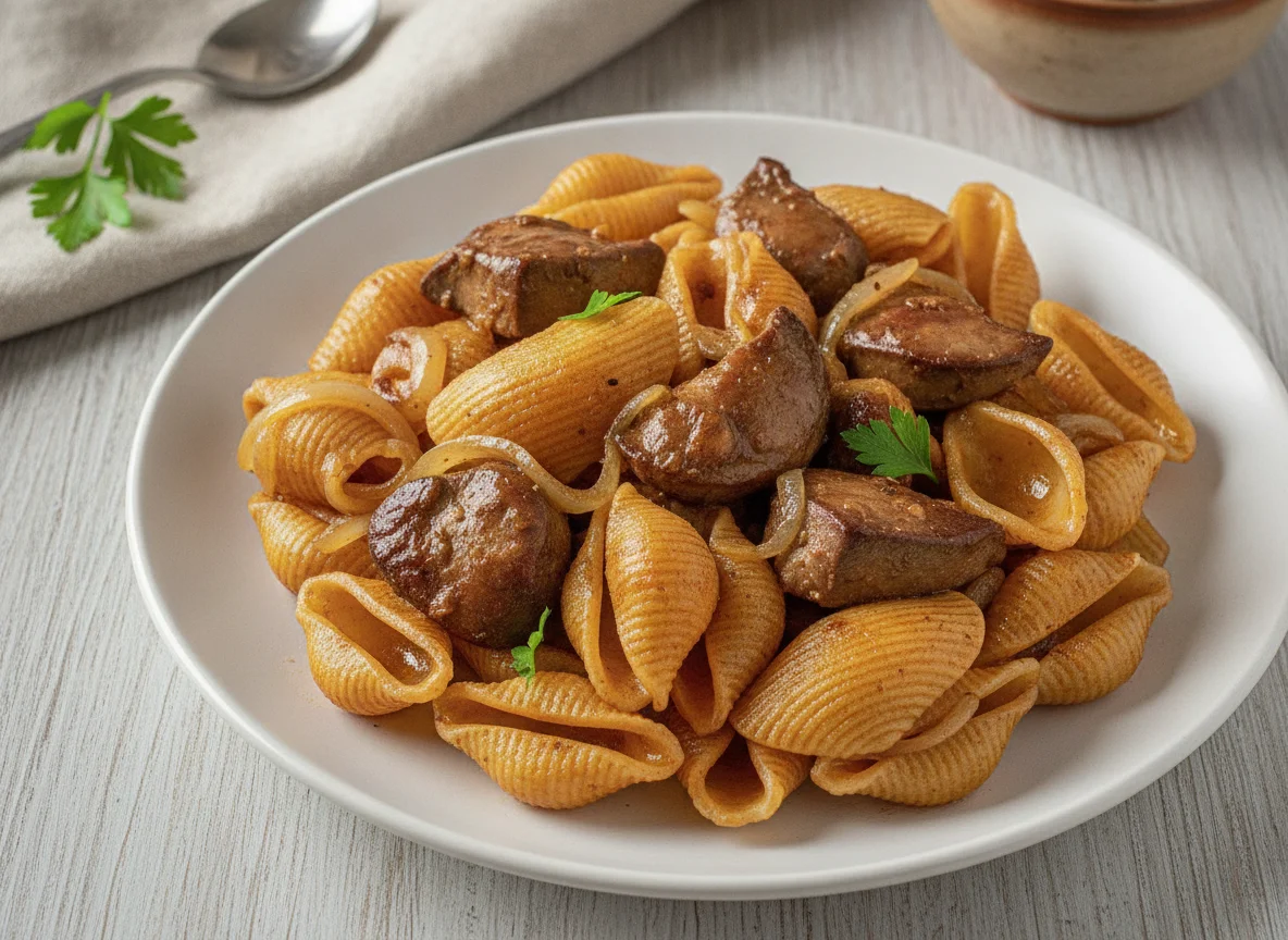 Макароны ракушки с тушеной куриной печенью photo