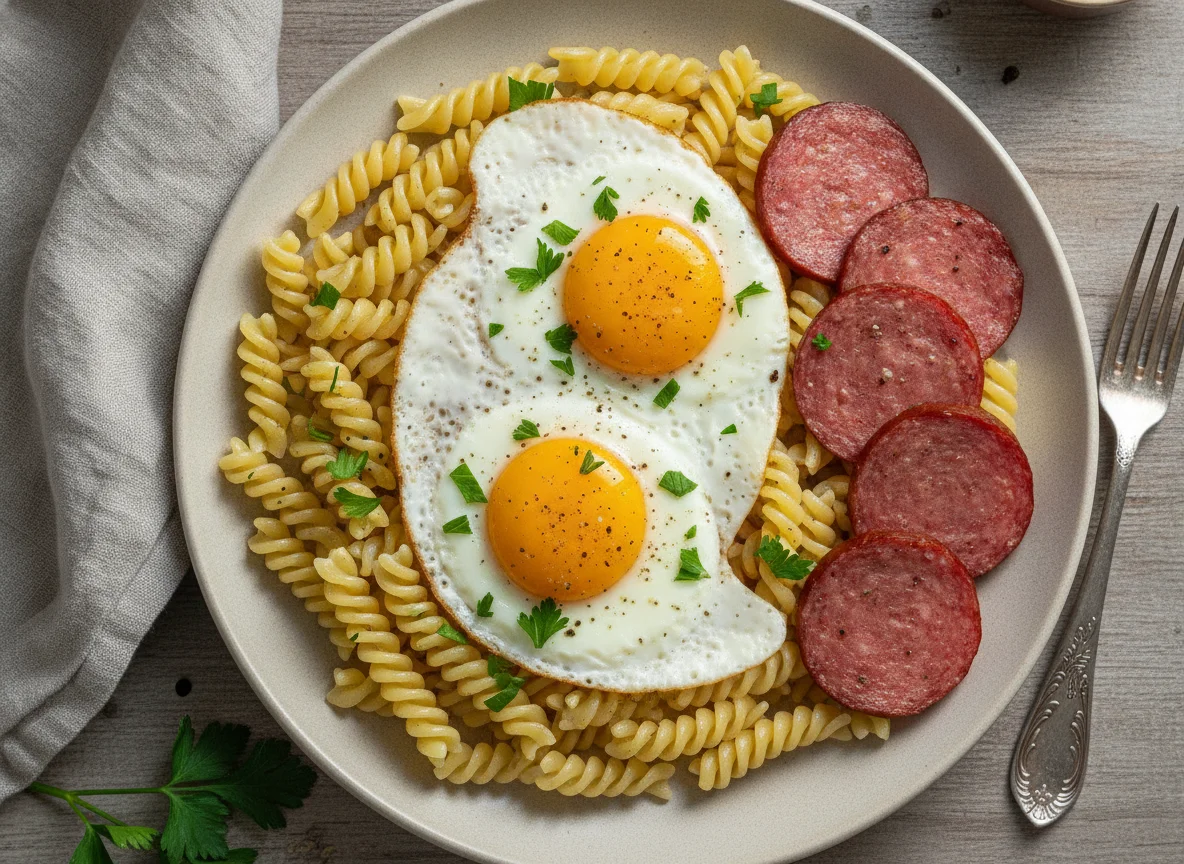Макароны с яичницей и колбасой photo