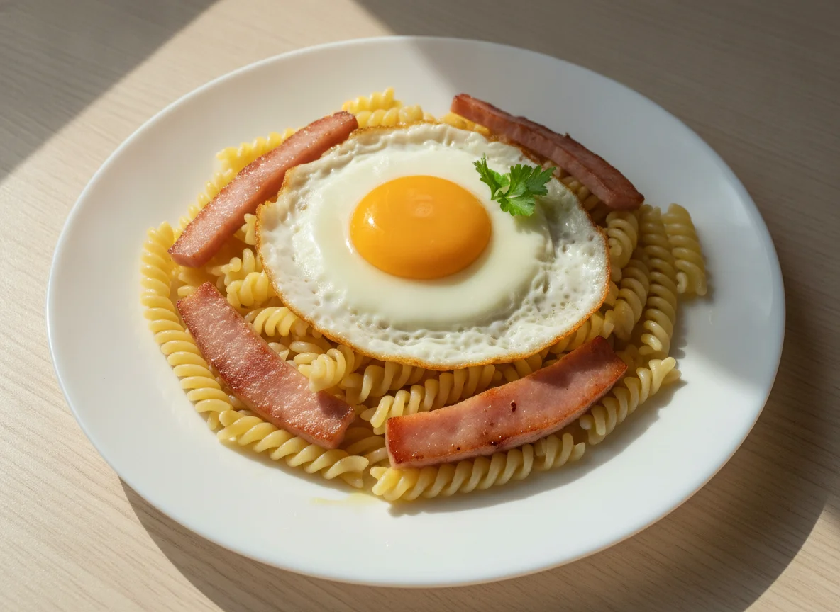 Макароны с яичницей и ветчиной photo
