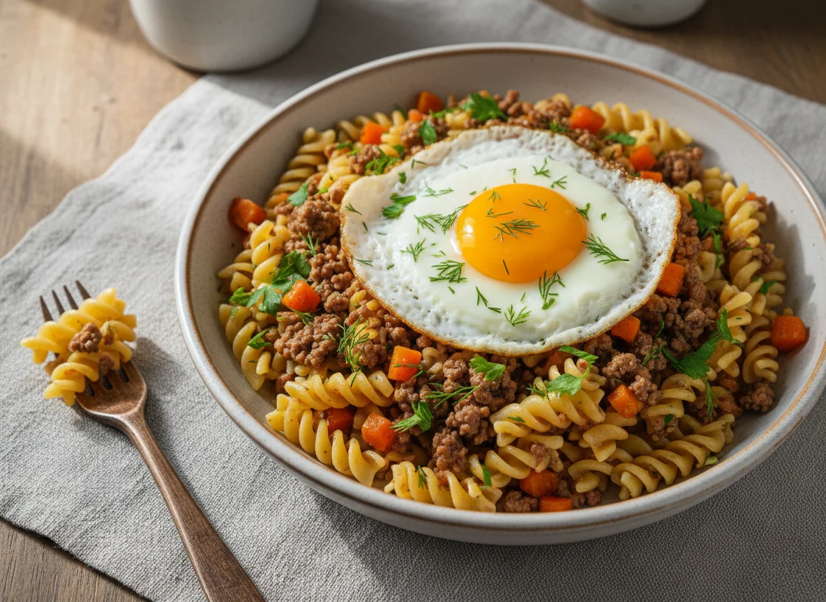 Макароны с яйцом и мясным фаршем photo