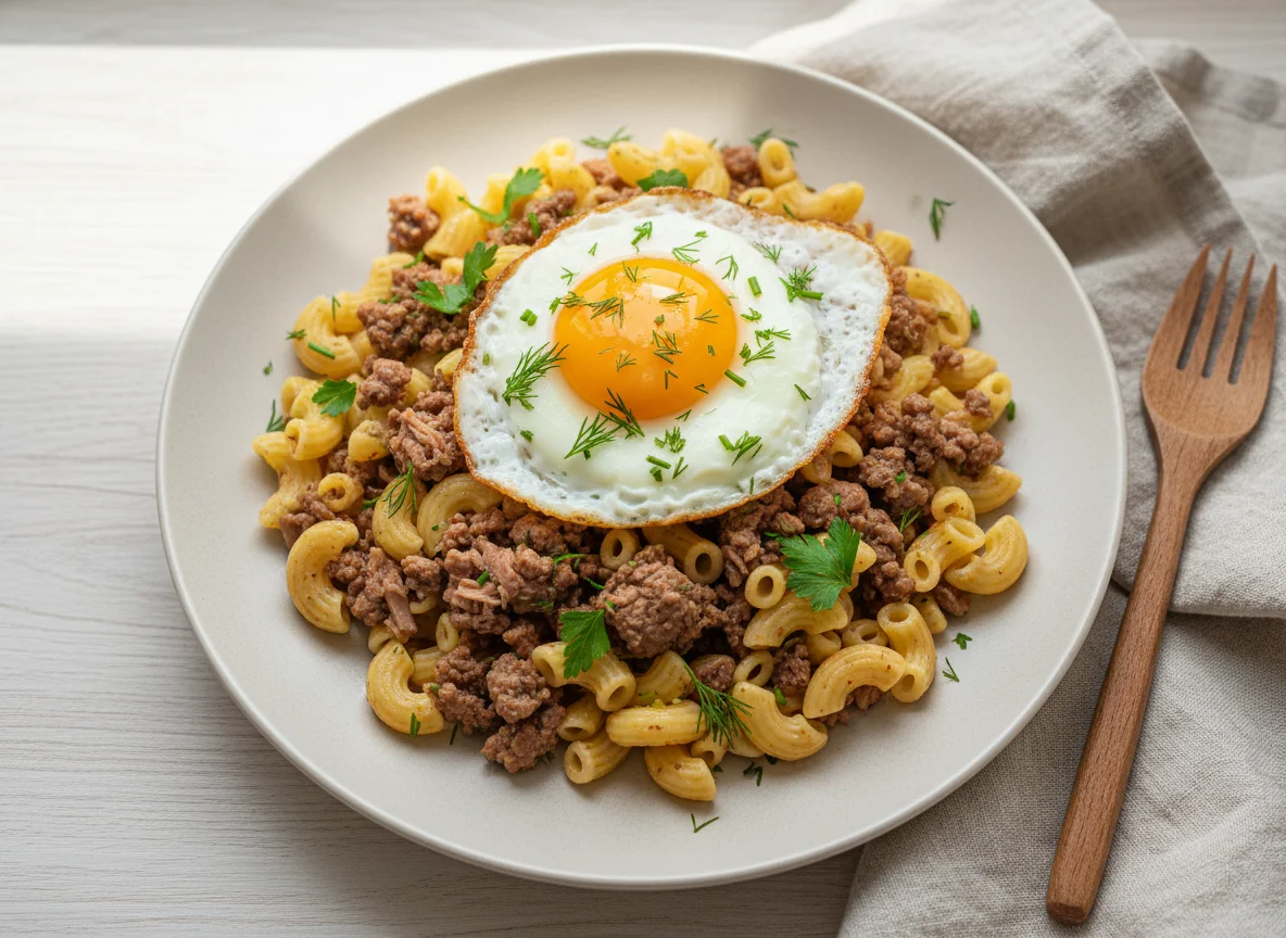 Макароны с яйцом и мясом photo