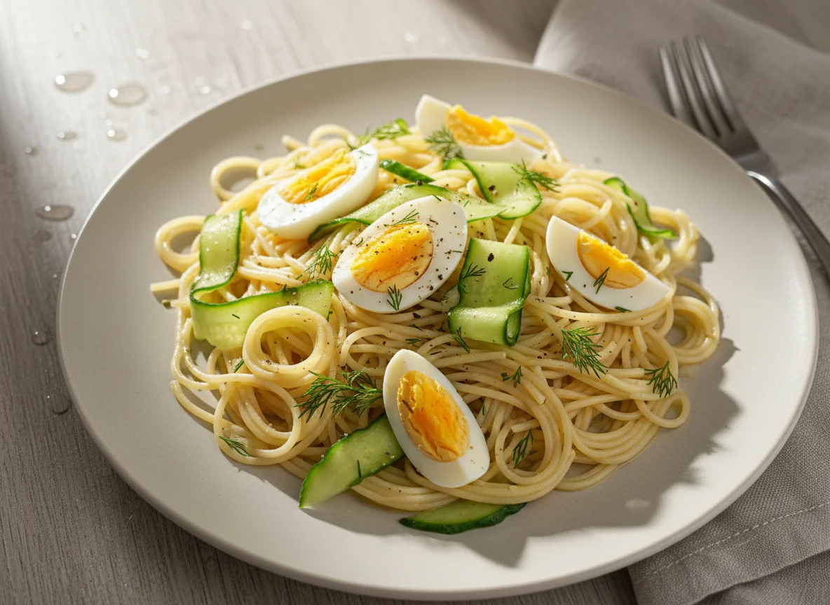 Макароны с яйцом и огурцами photo
