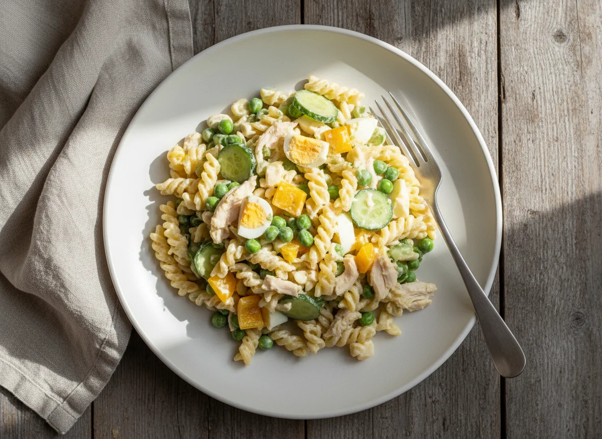 Макароны с яйцом и овощной салат photo