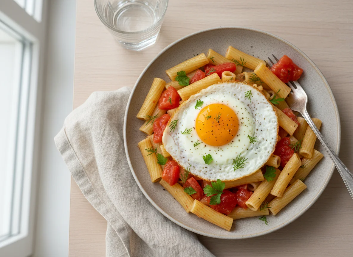 Макароны с яйцом и помидорами photo