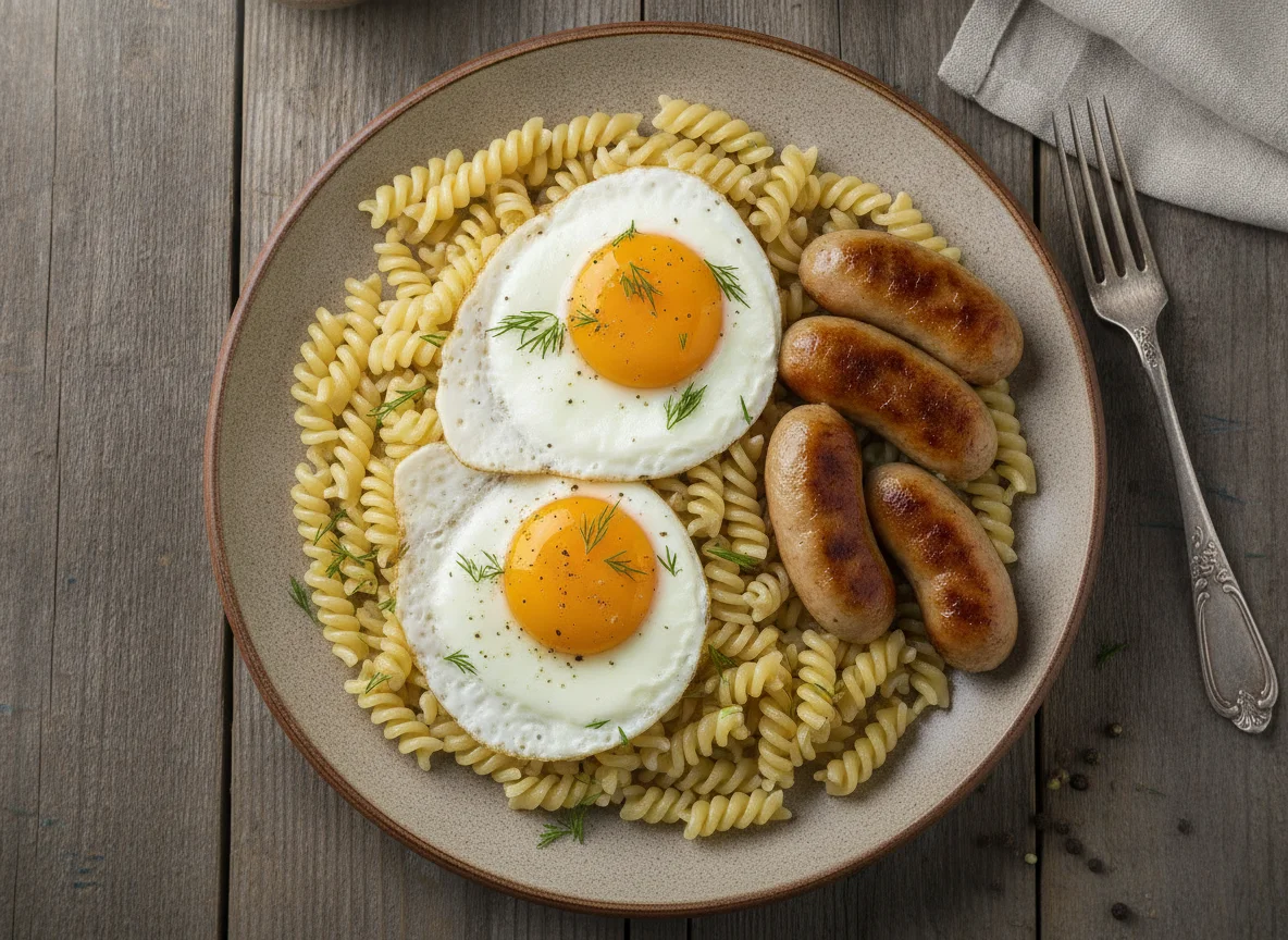 Макароны с яйцом и сосисками photo