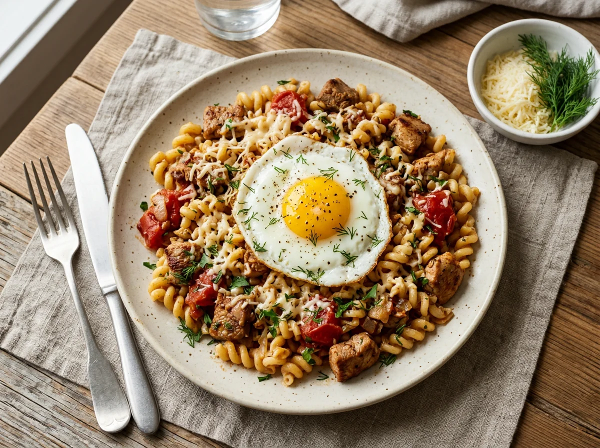 Макароны с яйцом, мясом и помидорами photo