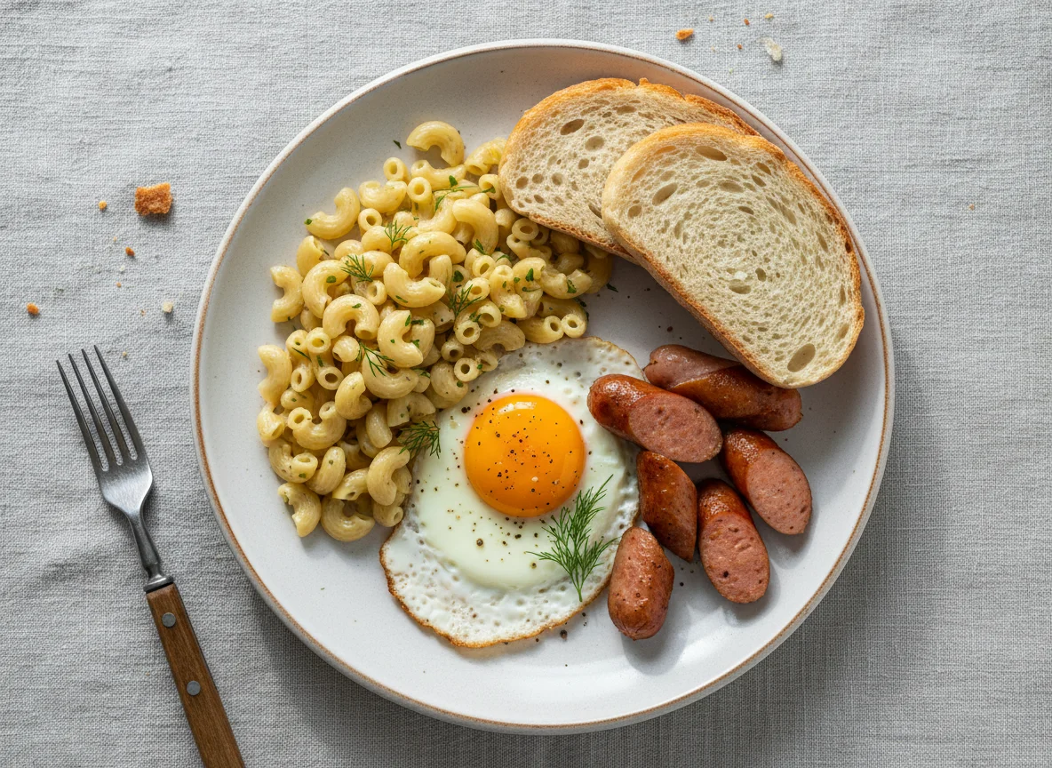 Макароны с яйцом, сосисками и хлебом photo