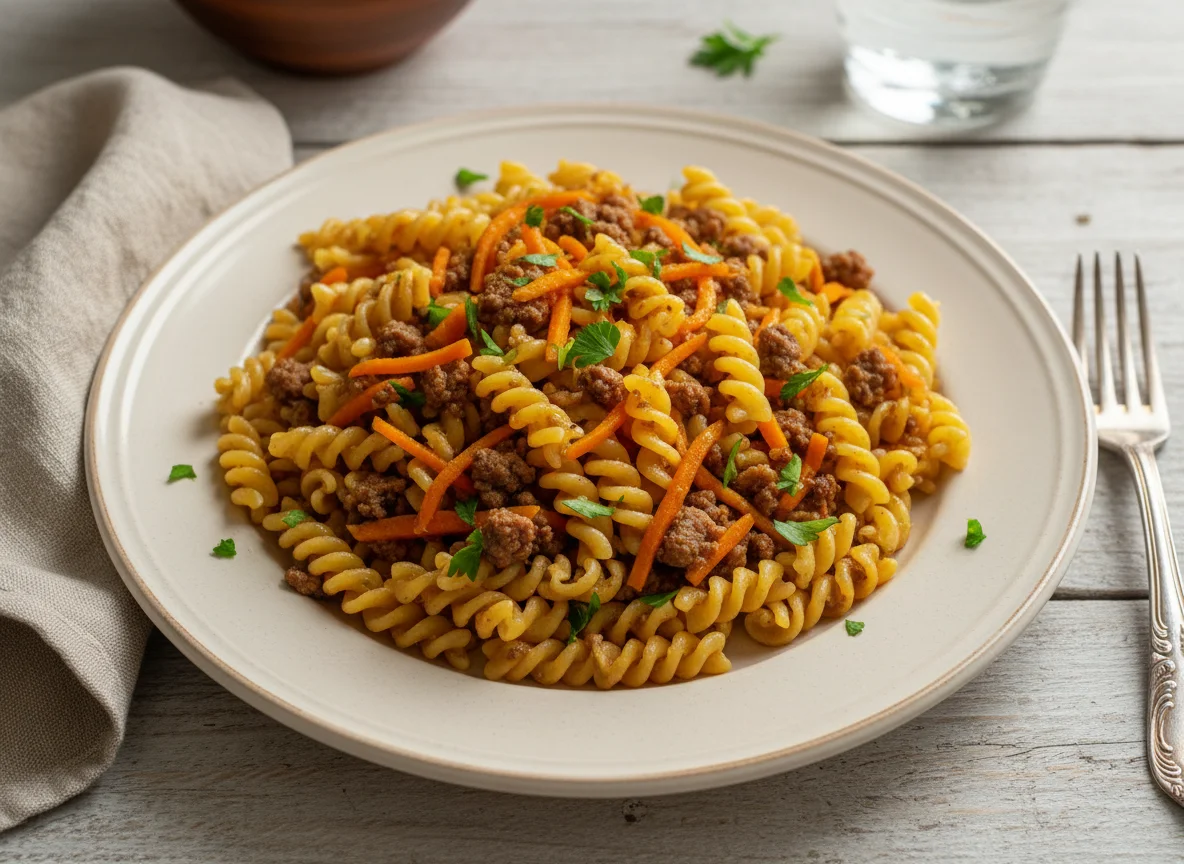 Макароны с фаршем и морковью photo