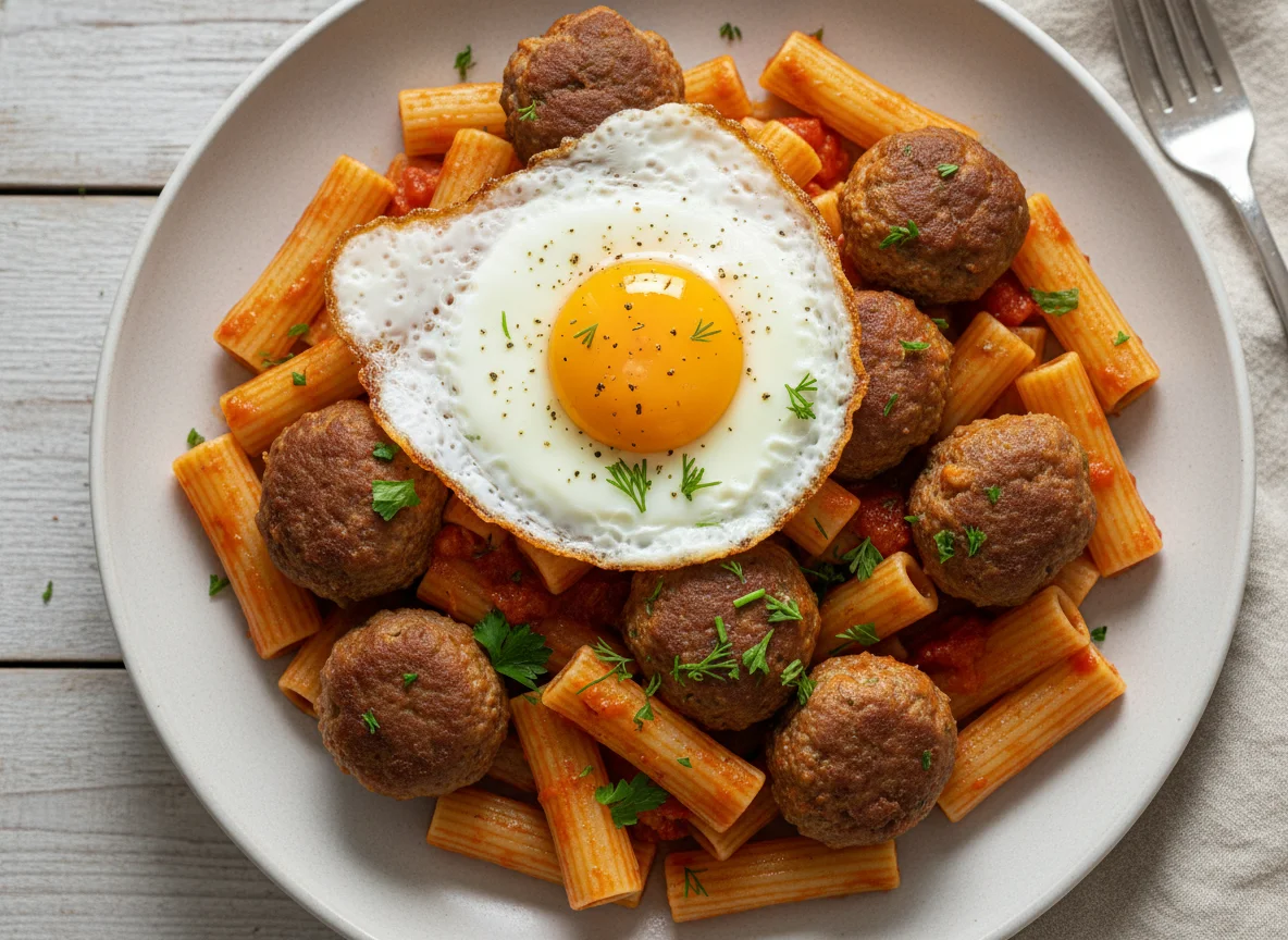 Макароны с фрикадельками и яичницей photo
