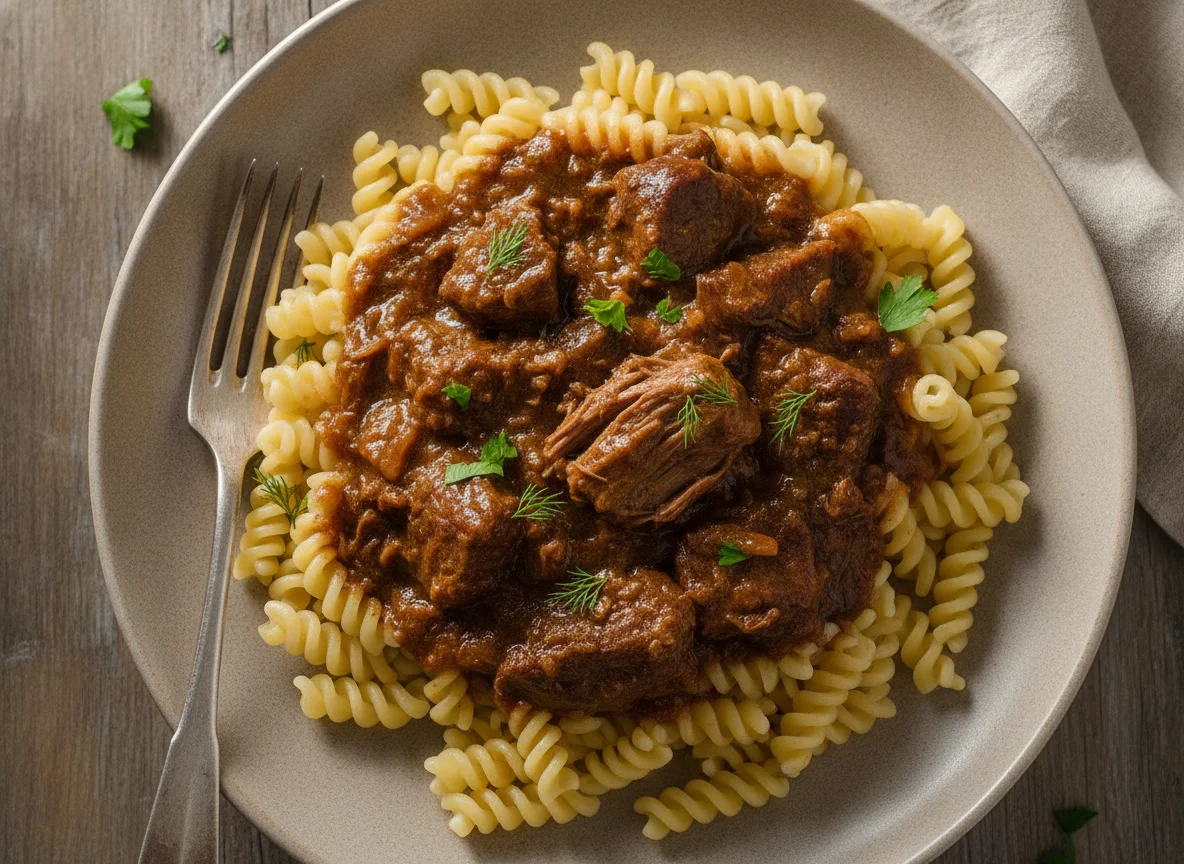 Макароны с говяжьим гуляшом photo