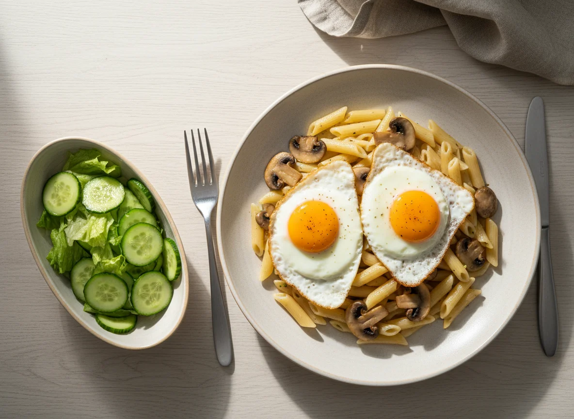 Макароны с грибами и яичницей, салат из огурцов и салата photo