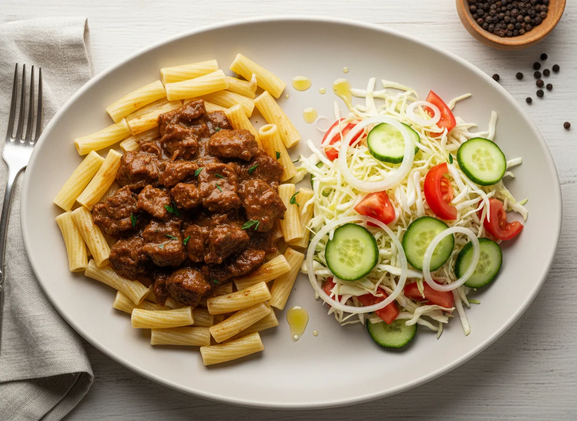 Макароны с гуляшом и салат из капусты photo