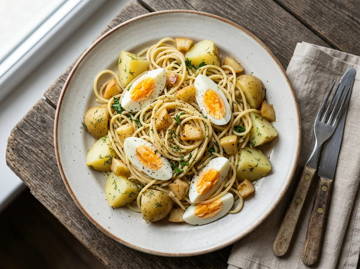 Макароны с картофелем, яйцами и яблоком photo