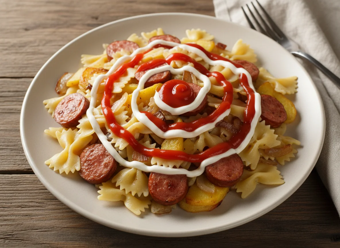 Макароны с картофелем, сосиской и соусами photo