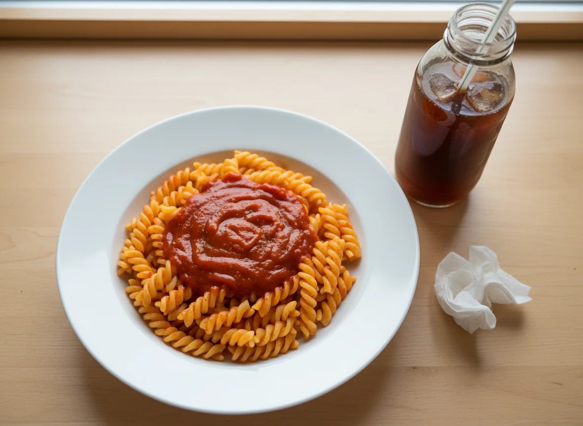 Макароны с кетчупом и напиток photo