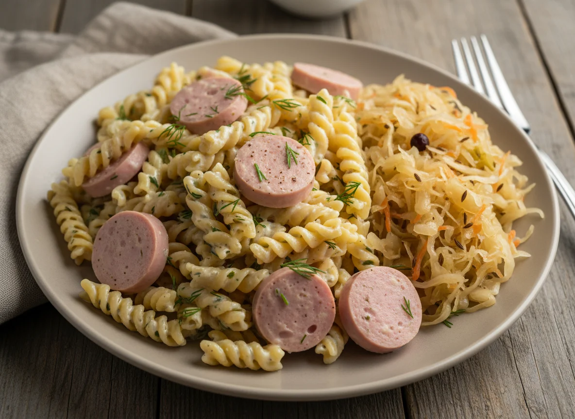 Макароны с колбасой и квашеной капустой photo