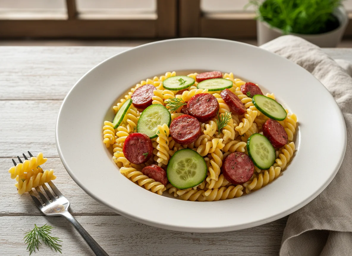 Макароны с колбасой и огурцом photo