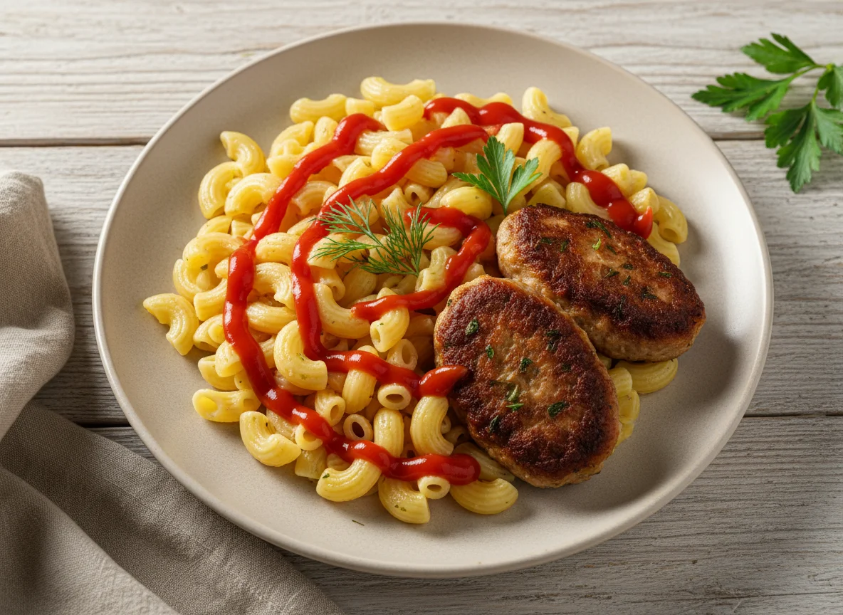 Макароны с котлетами и кетчупом photo