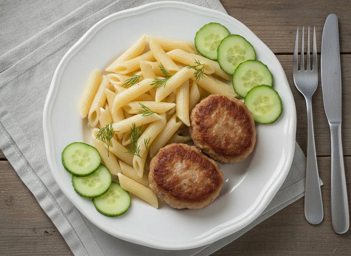Макароны с котлетами и огурцом photo