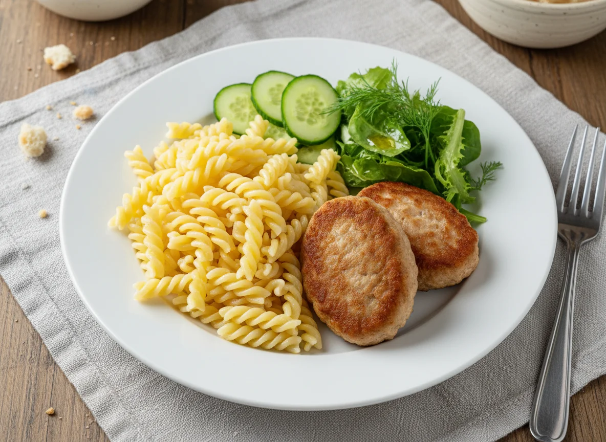 Макароны с котлетами и овощами photo