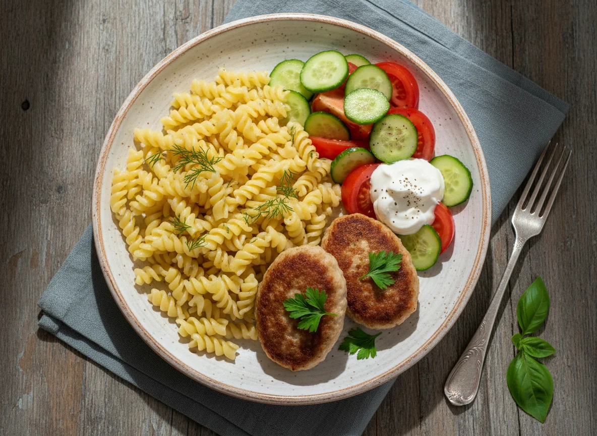 Макароны с котлетами и овощным салатом photo