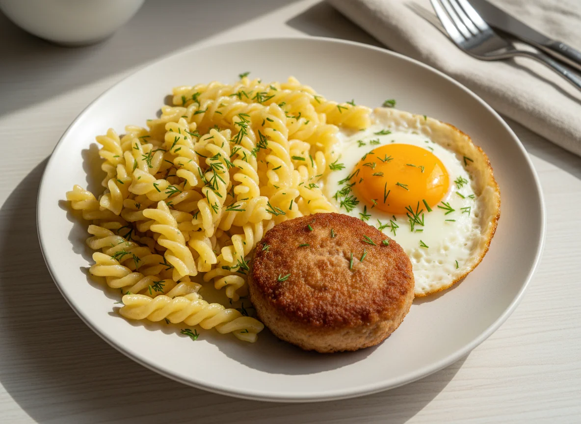 Макароны с котлетой и яичницей photo