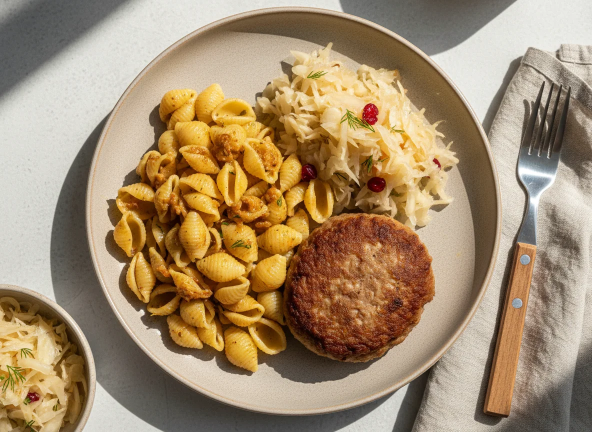 Макароны с котлетой и квашеной капустой photo