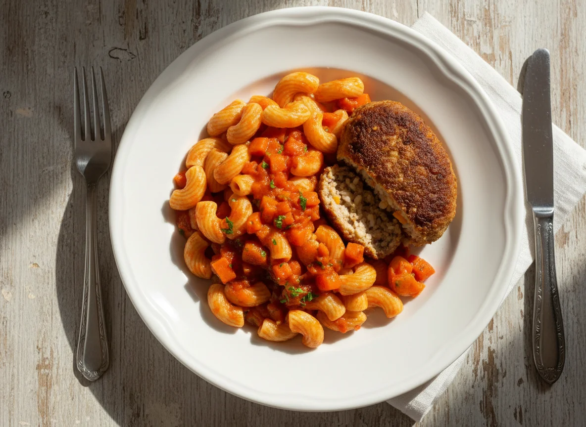 Макароны с котлетой и овощами photo