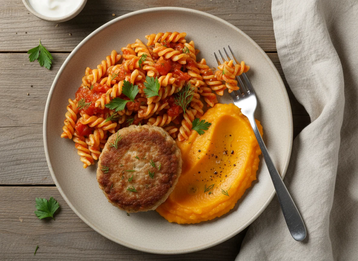 Макароны с котлетой и овощным пюре photo