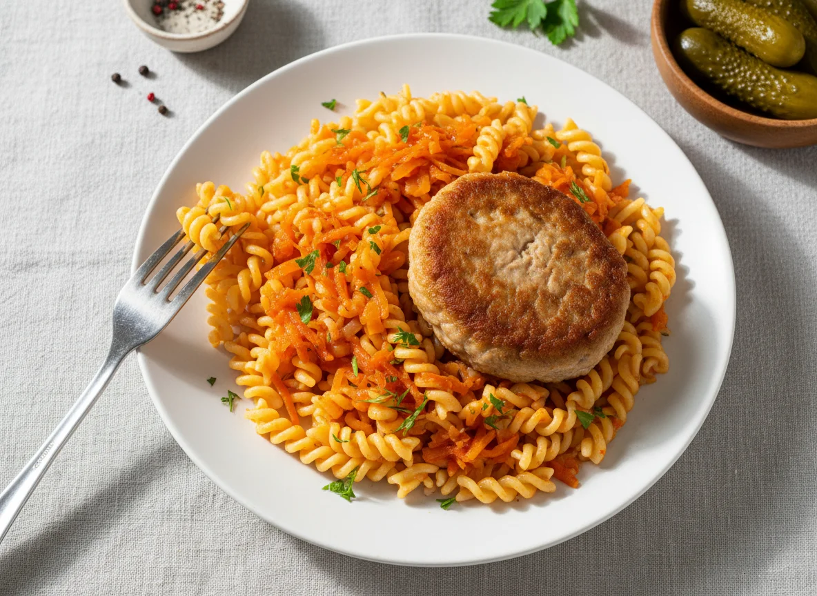 Макароны с котлетой и овощным соусом photo
