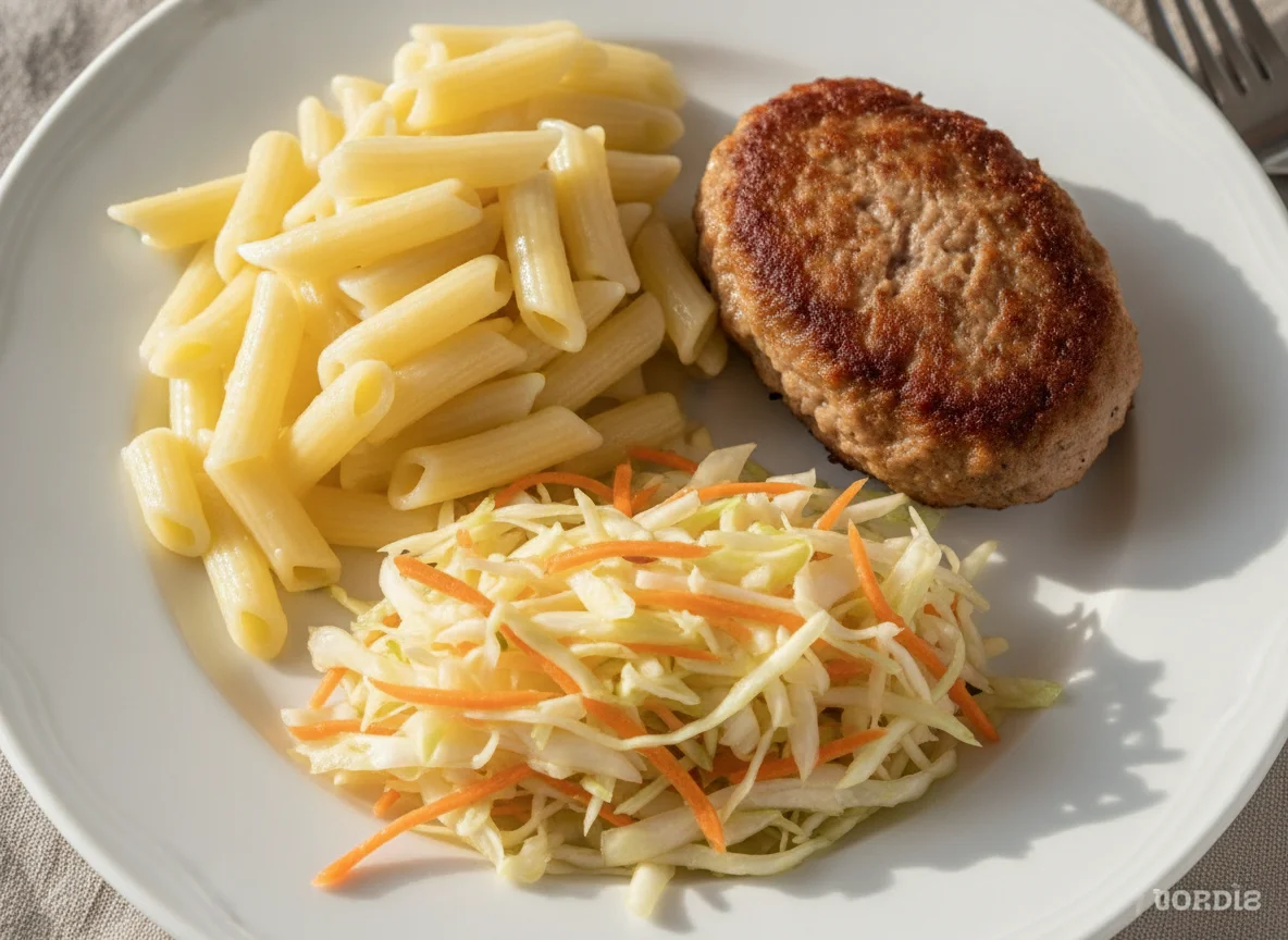 Макароны с котлетой и салатом из капусты photo