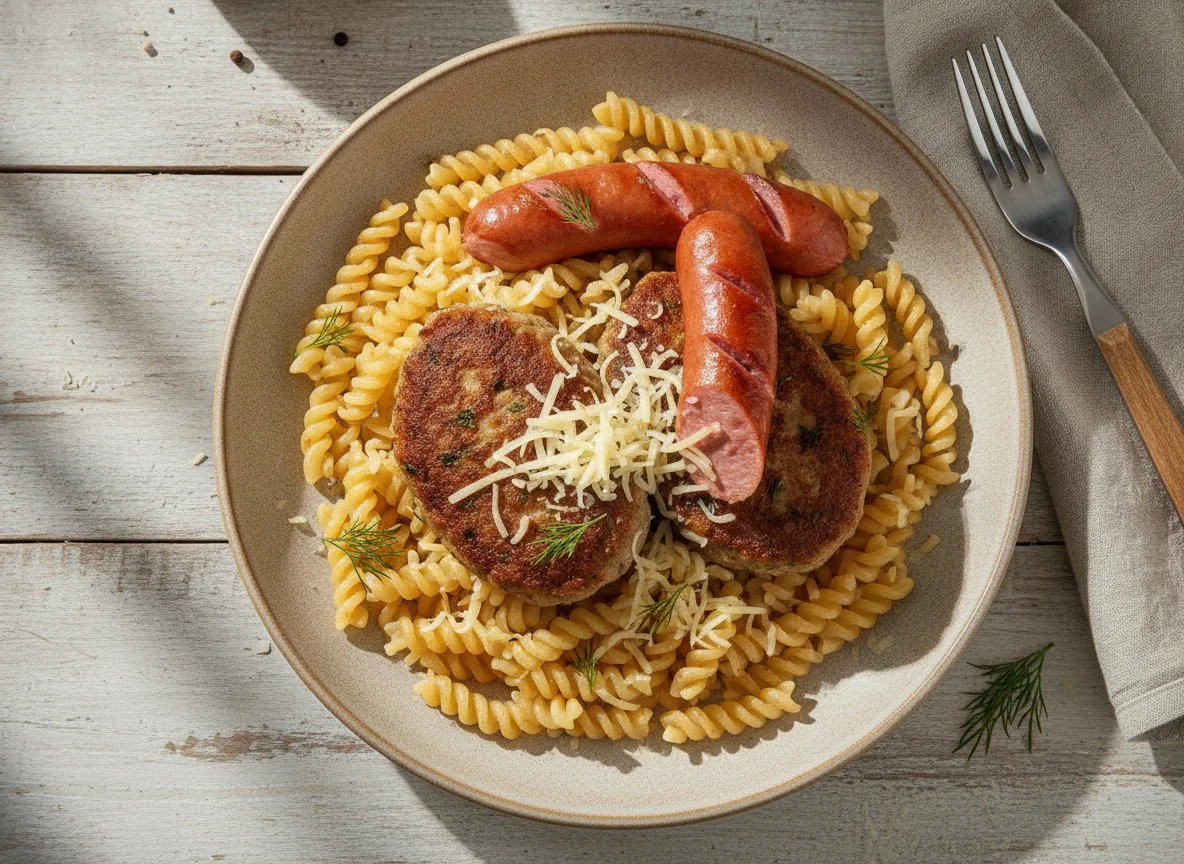 Макароны с котлетой и сосиской photo