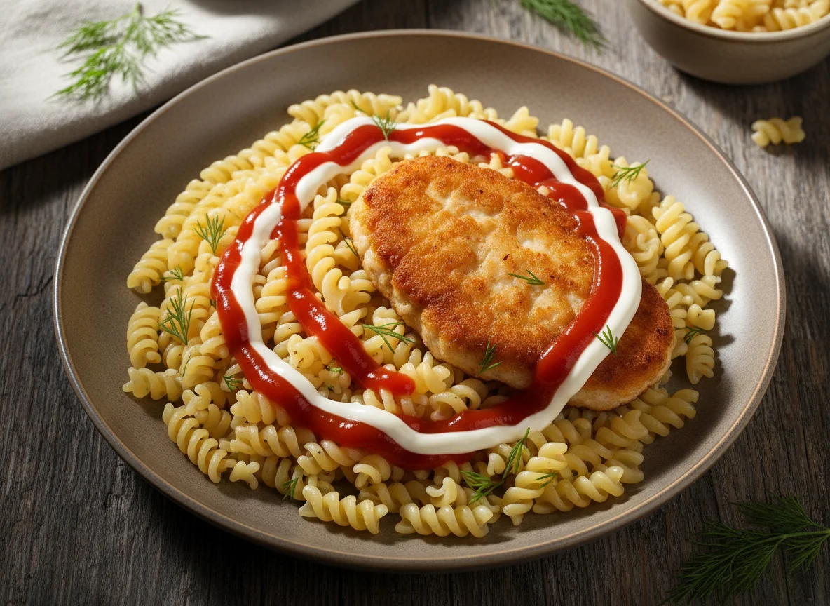 Макароны с котлетой и соусами photo