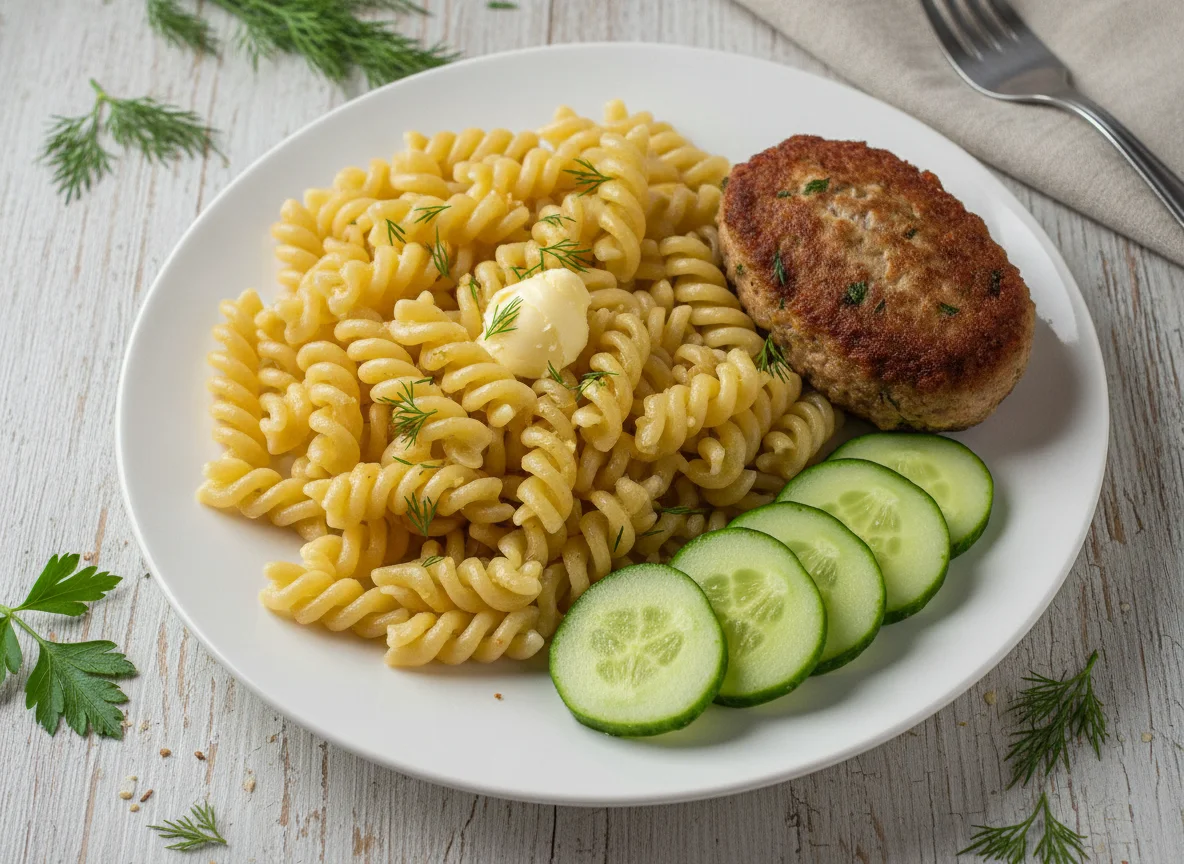 Макароны с котлетой и свежим огурцом photo