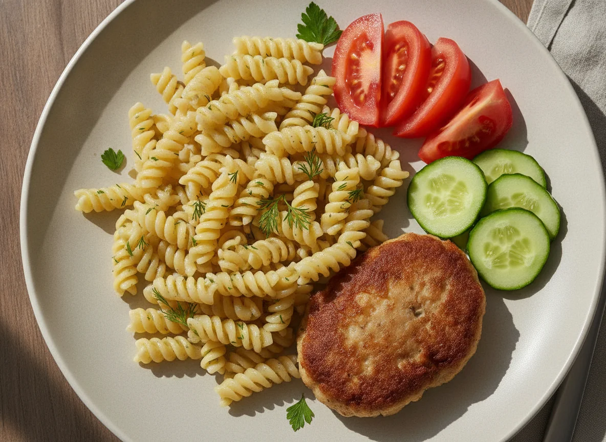 Макароны с котлетой и свежими овощами photo