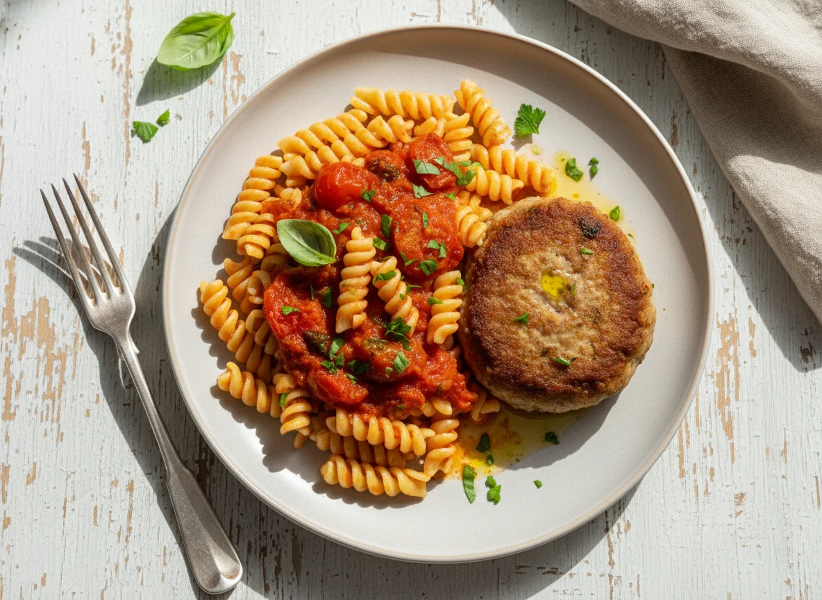 Макароны с котлетой и томатным соусом photo
