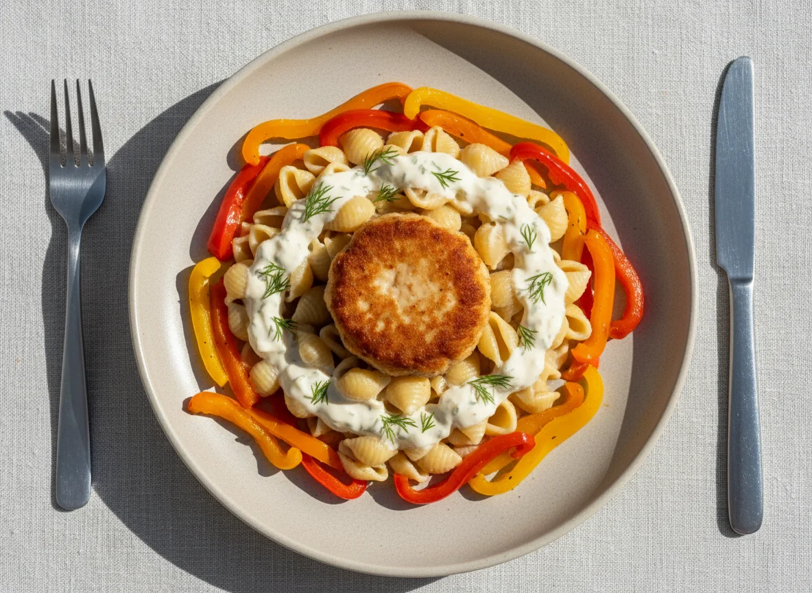 Макароны с котлетой и тушеными овощами photo