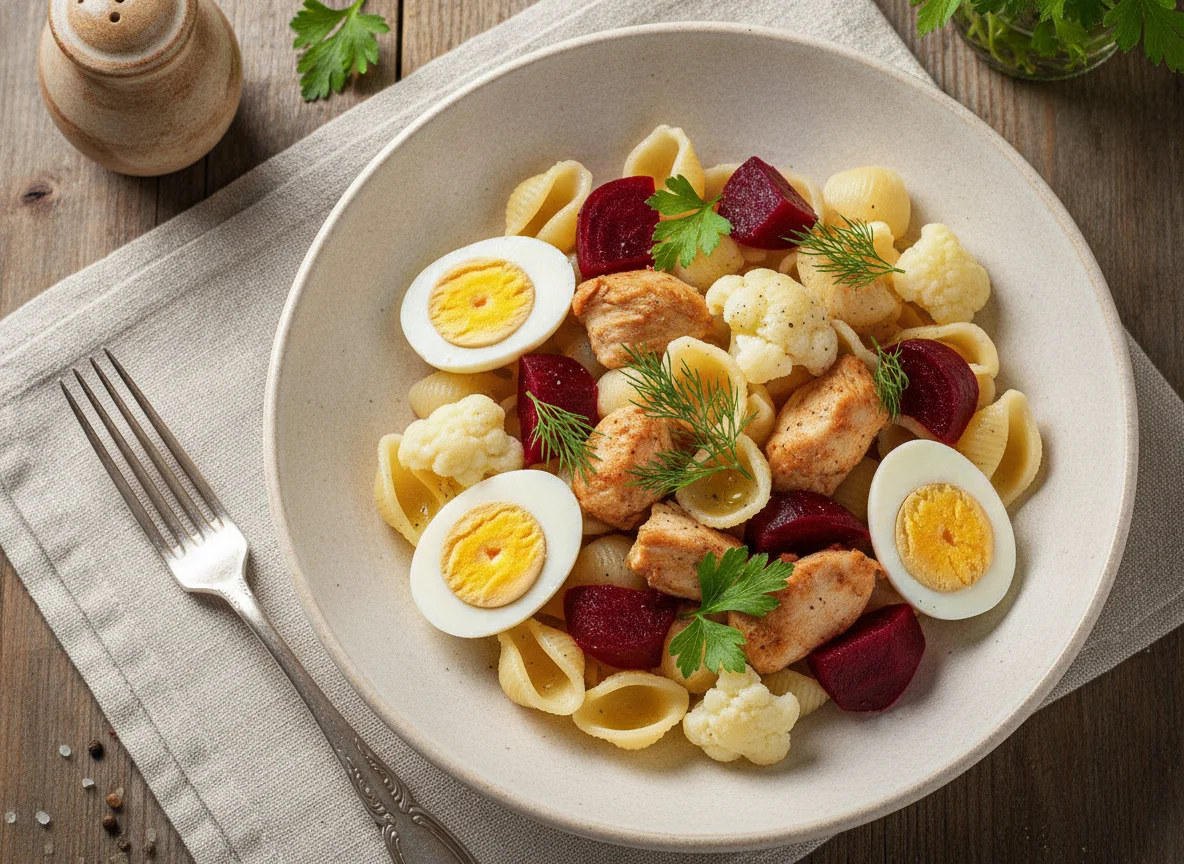 Макароны с курицей, яйцом и овощами photo