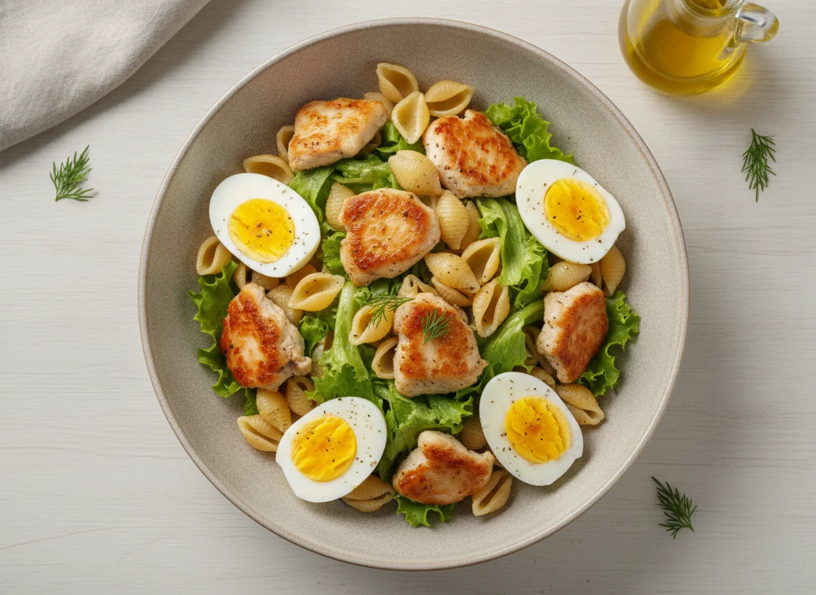 Макароны с курицей, яйцом и салатом photo