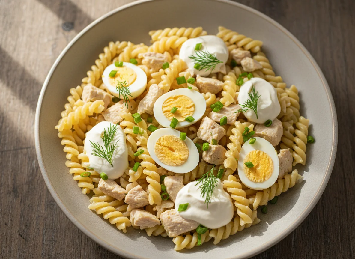 Макароны с курицей, яйцом и сметаной photo