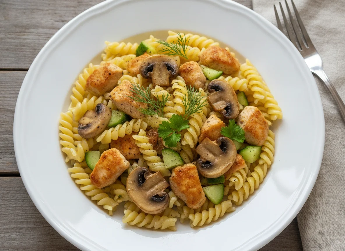 Макароны с курицей, грибами и огурцом photo