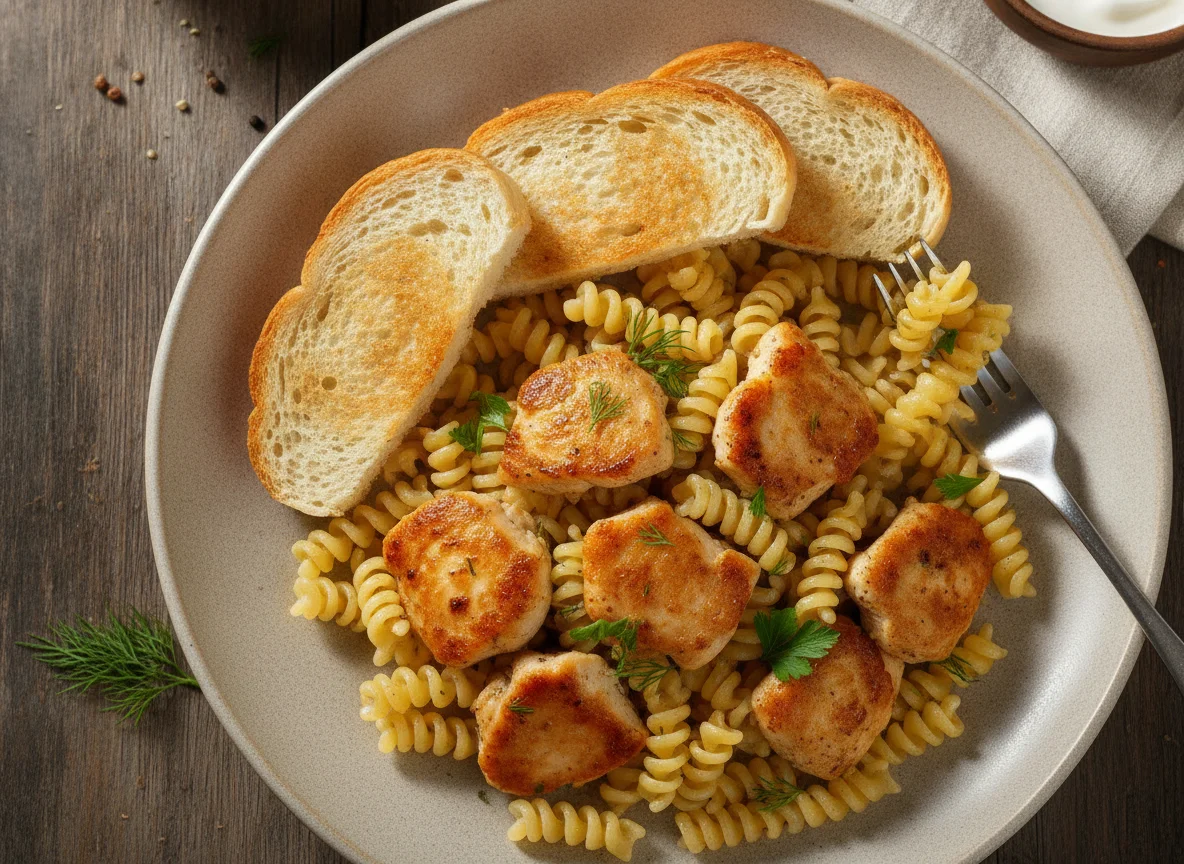 Макароны с курицей и белым хлебом photo