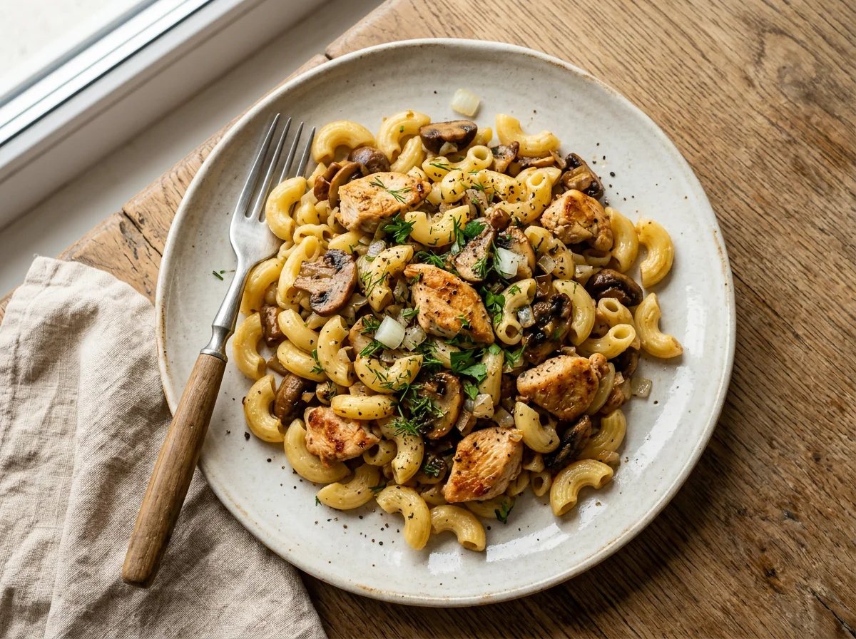 Макароны с курицей и грибами photo
