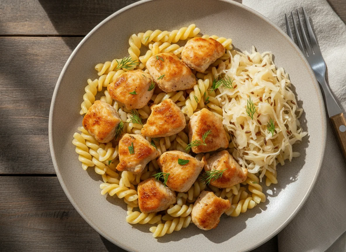 Макароны с курицей и квашеной капустой photo