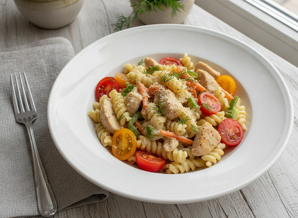 Макароны с курицей и овощами в сливочном соусе photo