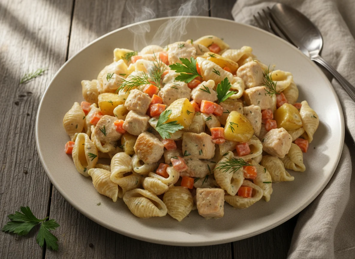 Макароны с курицей и овощами в соусе photo