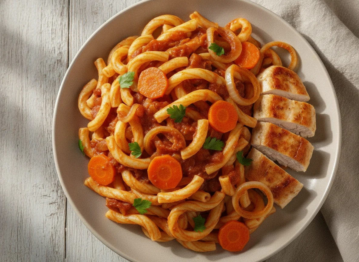Макароны с курицей и овощной подливкой photo