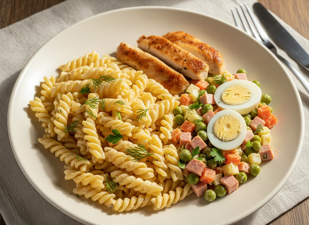 Макароны с курицей и овощным салатом photo