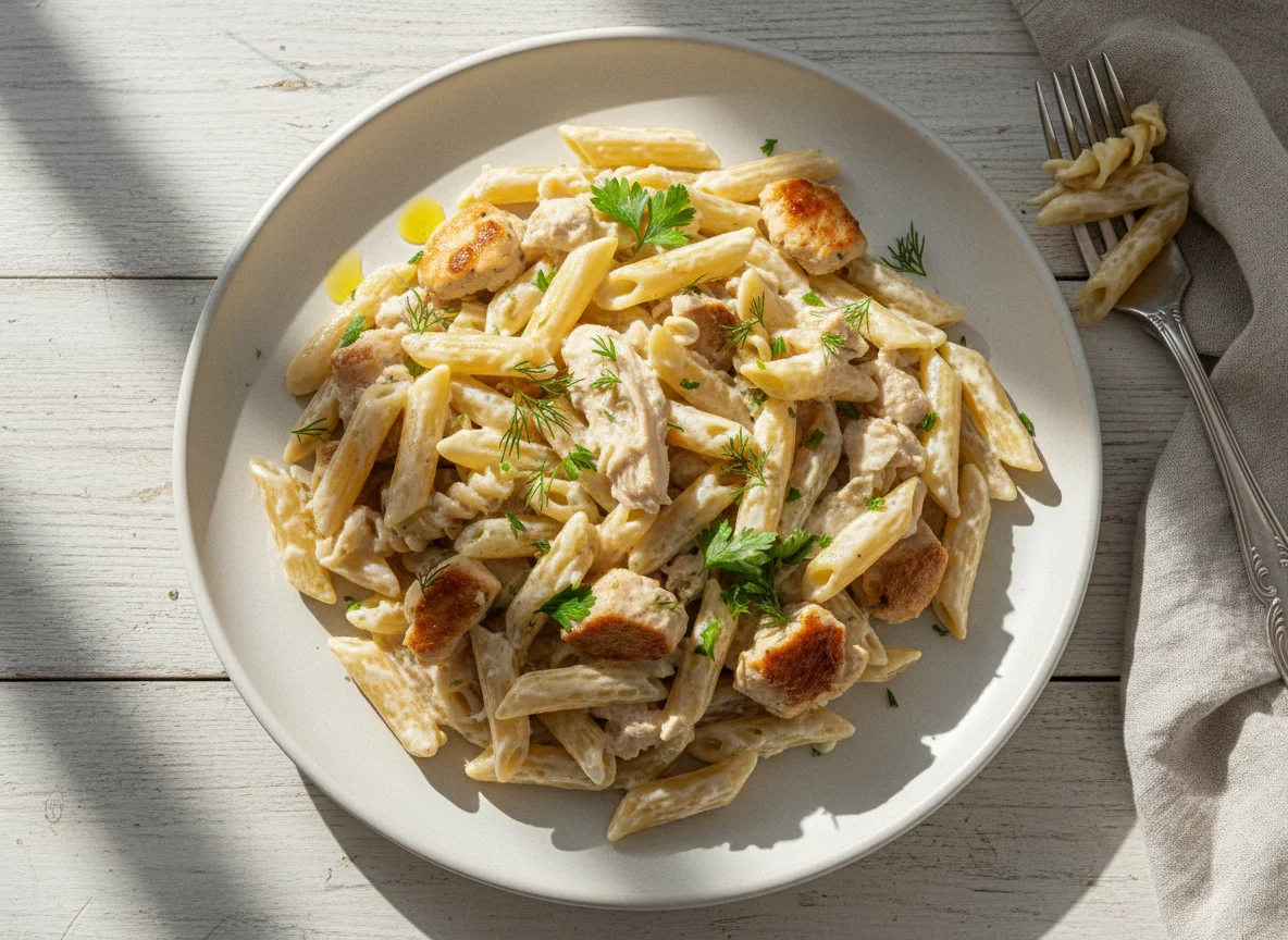 Макароны с курицей и сливочным соусом photo